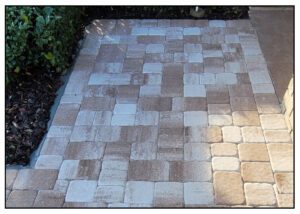 A brick patio with a few plants.