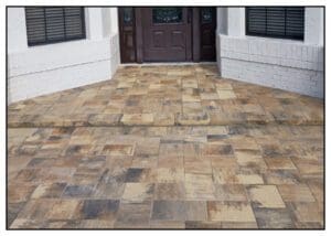 Tiled entrance with brown wooden doors.